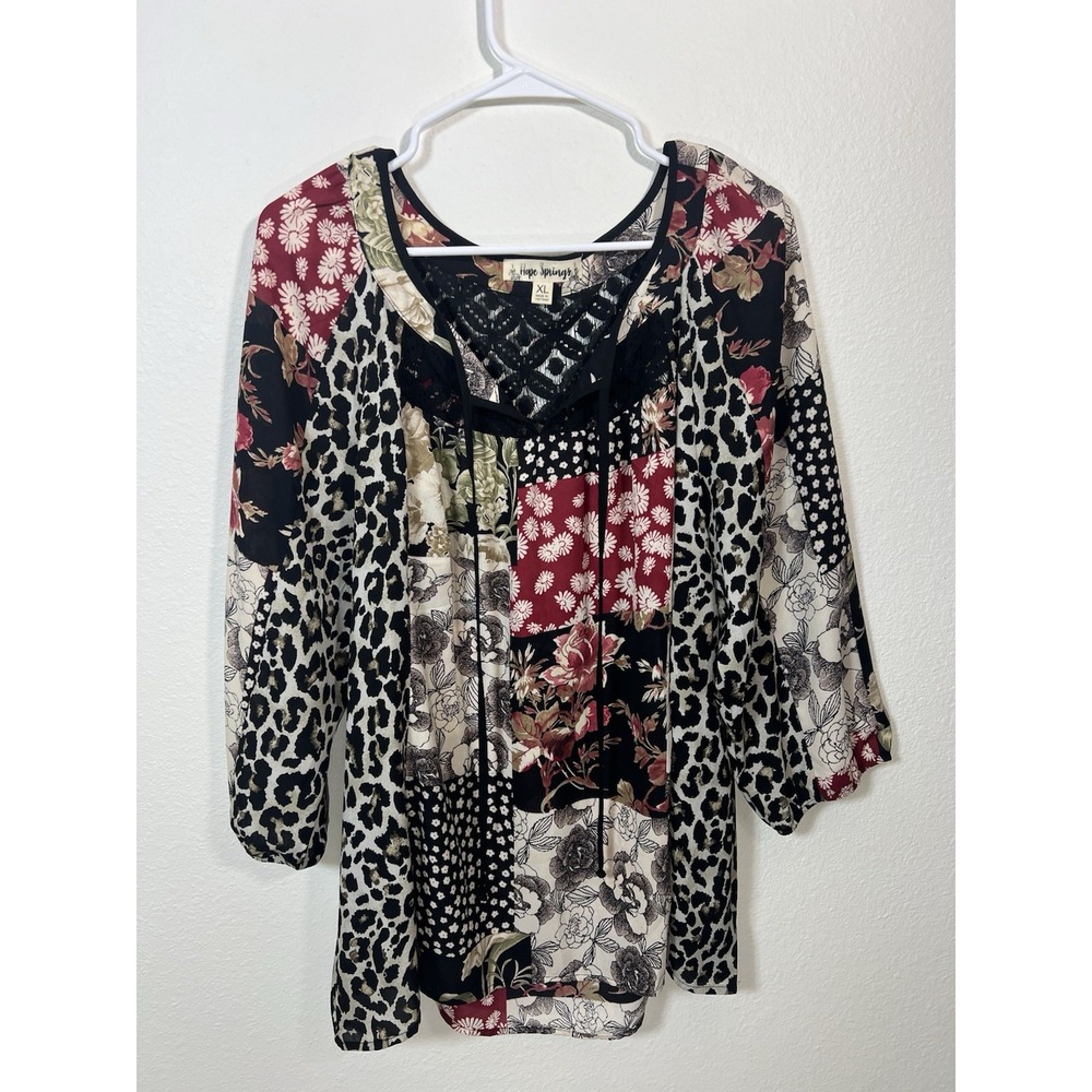 Hope Springs Women's Patchwork Floral Leopard Lace Tie Front XL Blouse Cottage